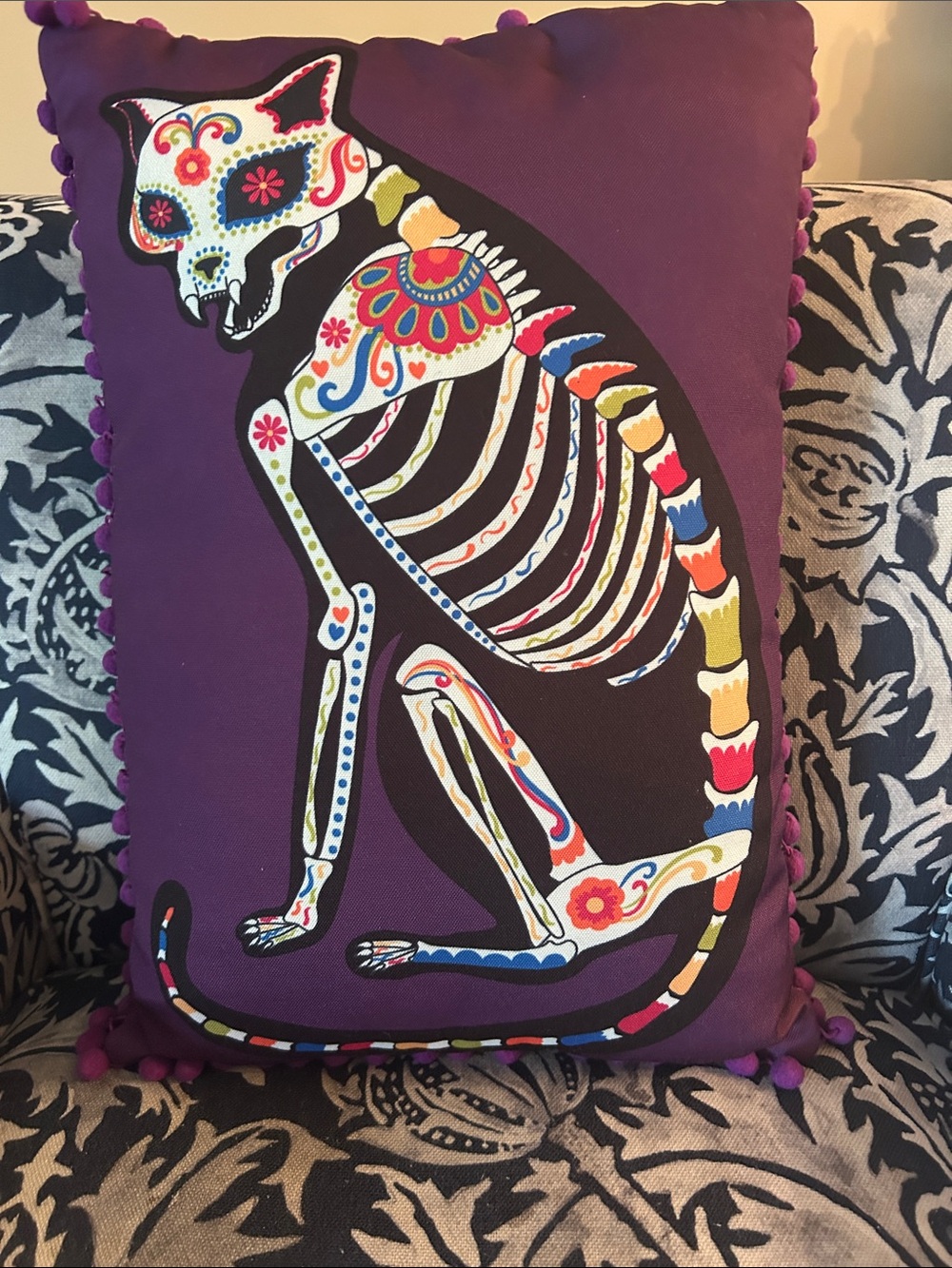 Day of the Dead Cat Pillow- with pompons by Stratford Home- Like New- 21” x 14”